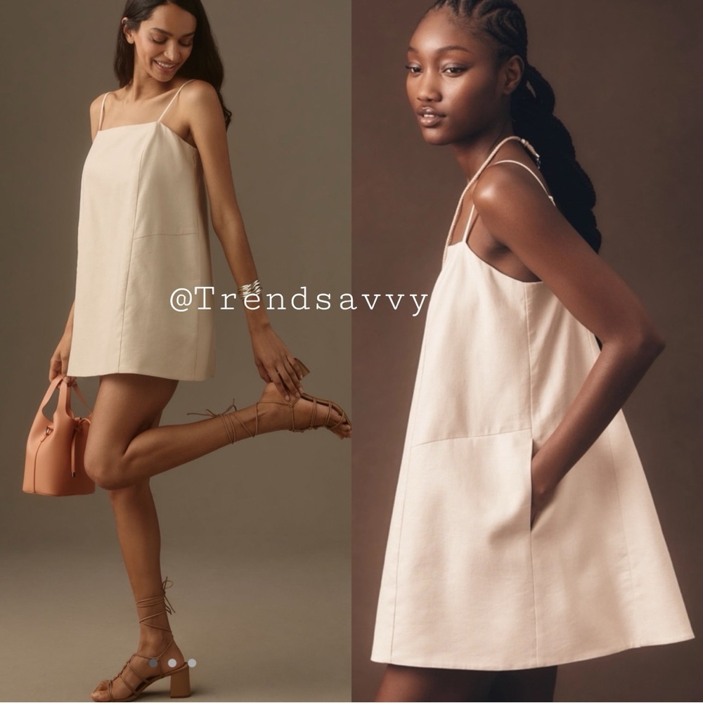 Anthropologie Mare Mare Linen Mini Dress Beige A-Line Square Neck XL NWT